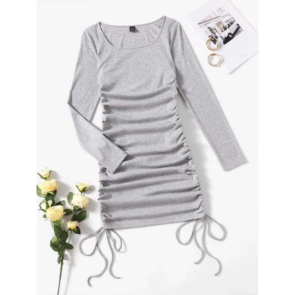 Shein Dress Gray Bodycon Mini Drawstring Side Long Sleeve - Picture 1 of 10